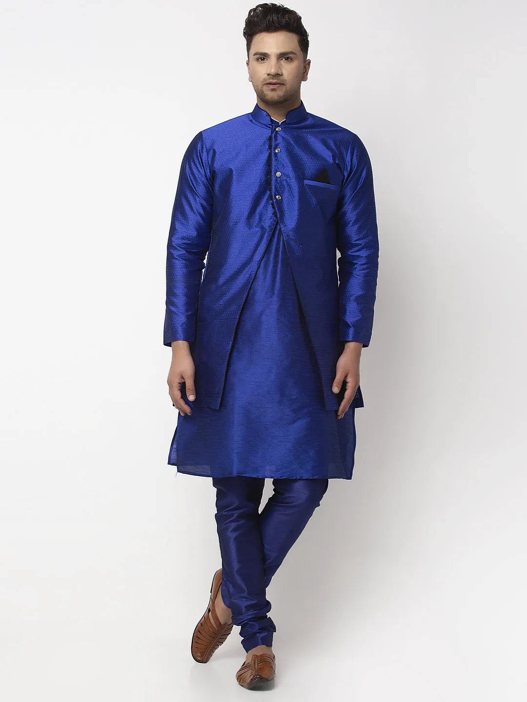 Men's Royal Blue Kurta With Pyjama & Blue Self Design Jacket - Benstoke