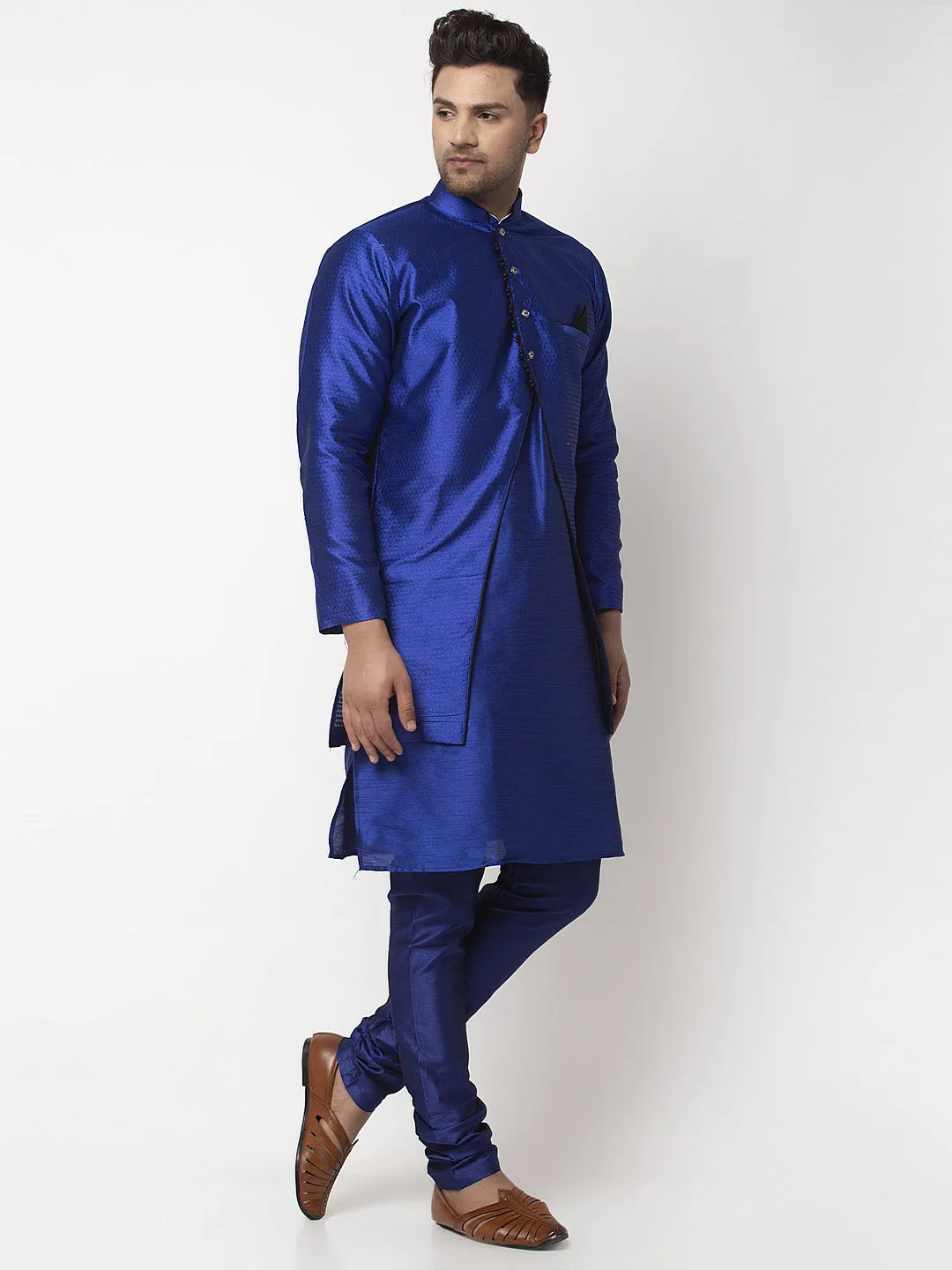 Men's Royal Blue Kurta With Pyjama & Blue Self Design Jacket - Benstoke