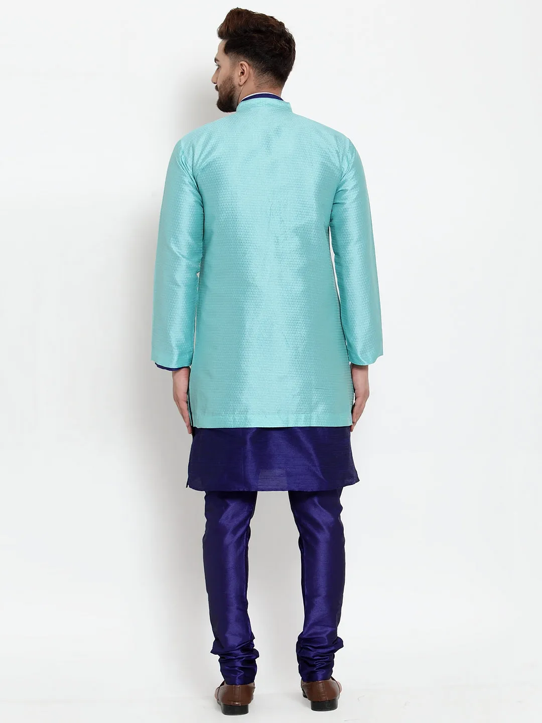 Men's Royal Blue Kurta With Pyjama & Sky Blue Self Design Jacket - Benstoke