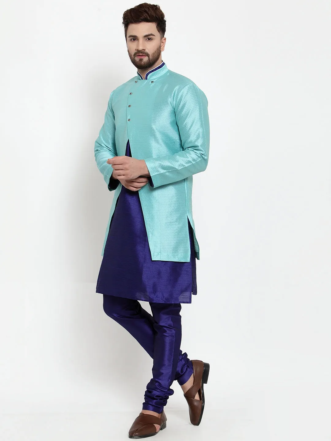 Men's Royal Blue Kurta With Pyjama & Sky Blue Self Design Jacket - Benstoke