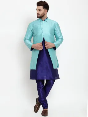 Men's Royal Blue Kurta With Pyjama & Sky Blue Self Design Jacket - Benstoke