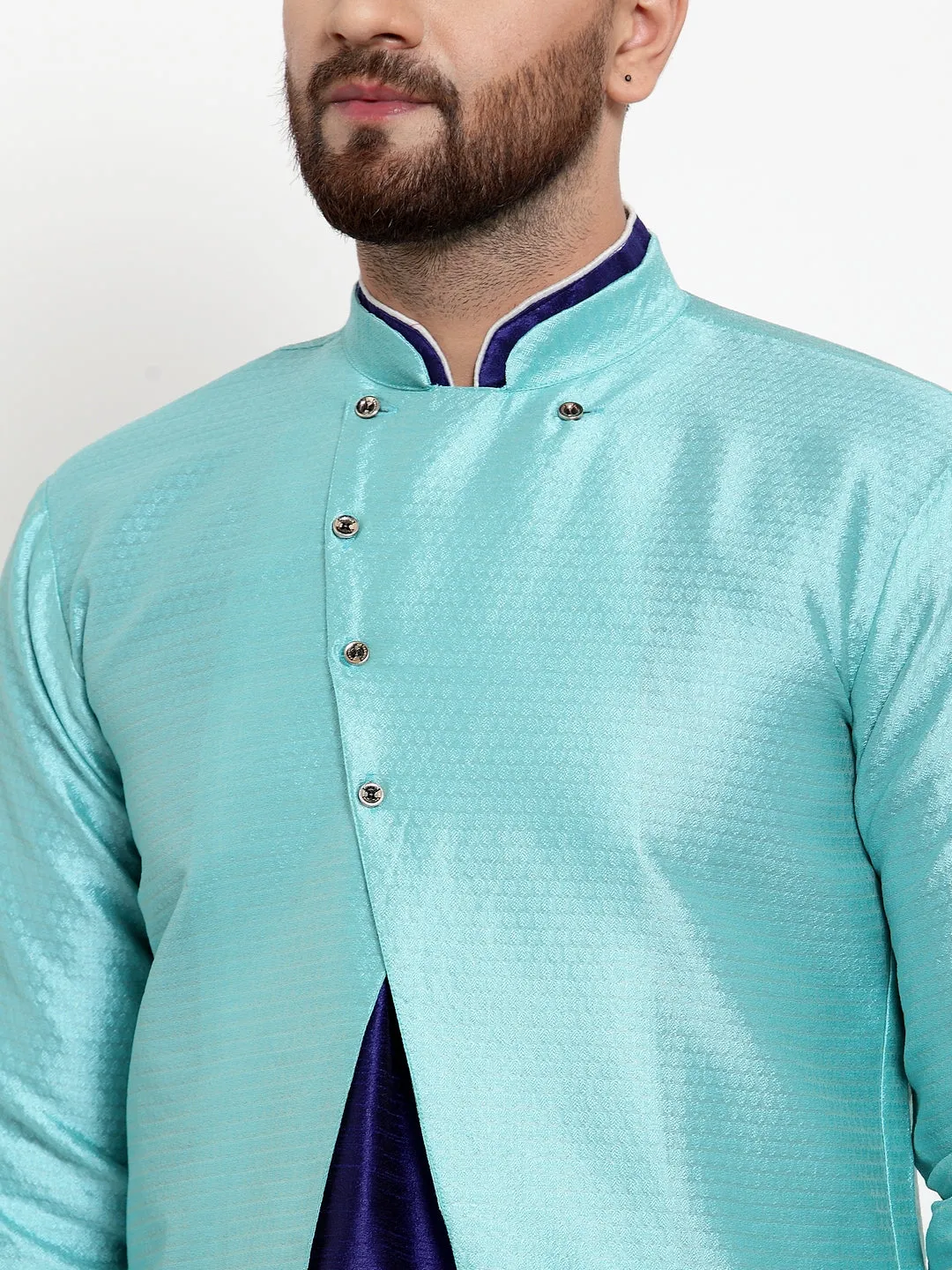 Men's Royal Blue Kurta With Pyjama & Sky Blue Self Design Jacket - Benstoke