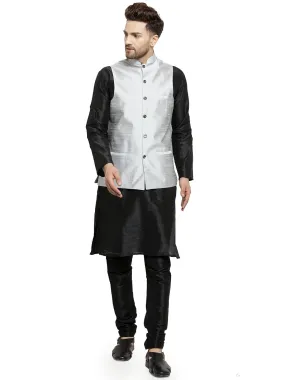 Men's Silk Blend Black Kurta With Pyjama & Grey Nehru Jacket - Benstoke