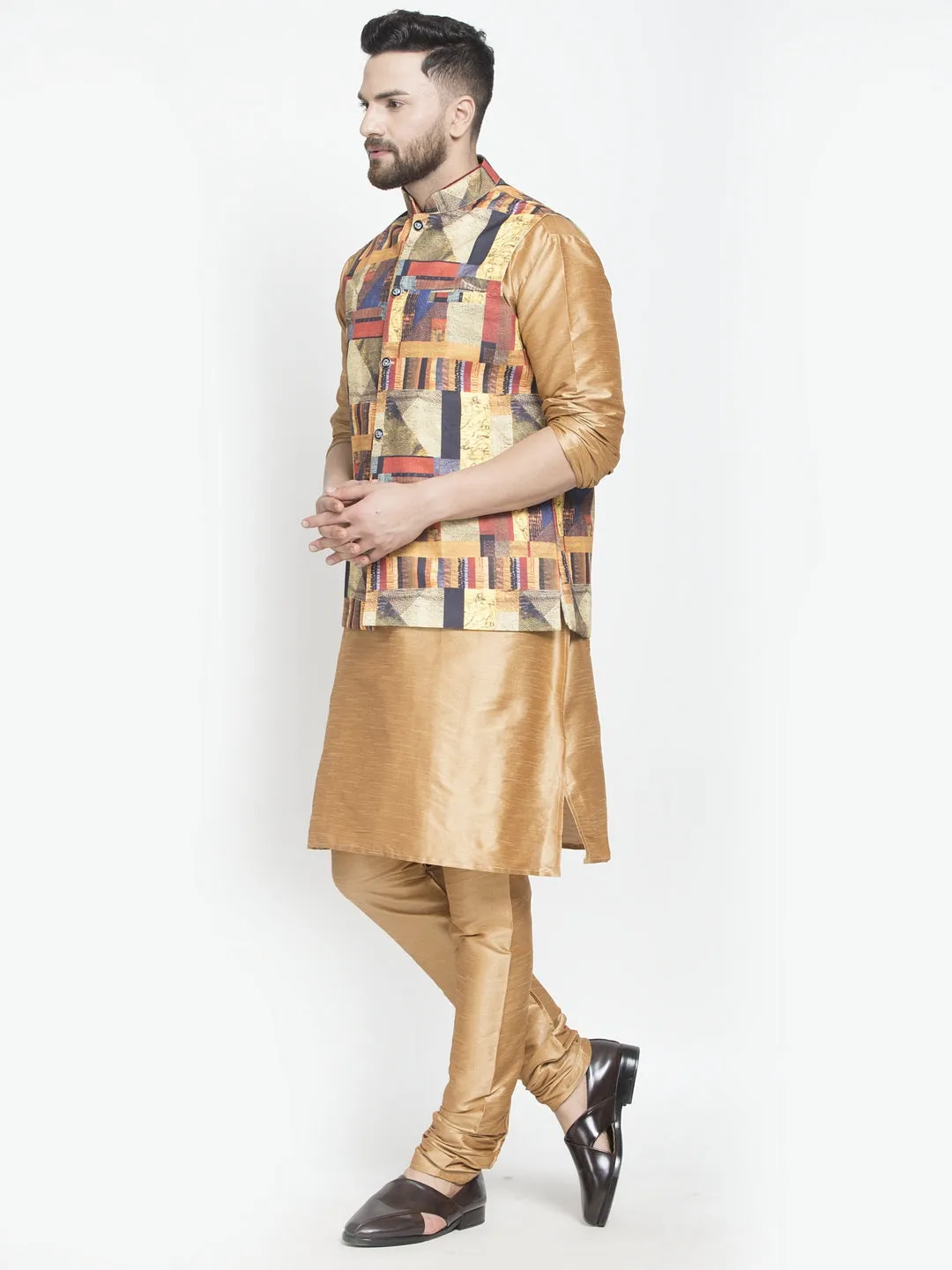 Men's Silk Blend Copper Kurta With Pyjama & Multicolor Printed Nehru Jacket - Benstoke