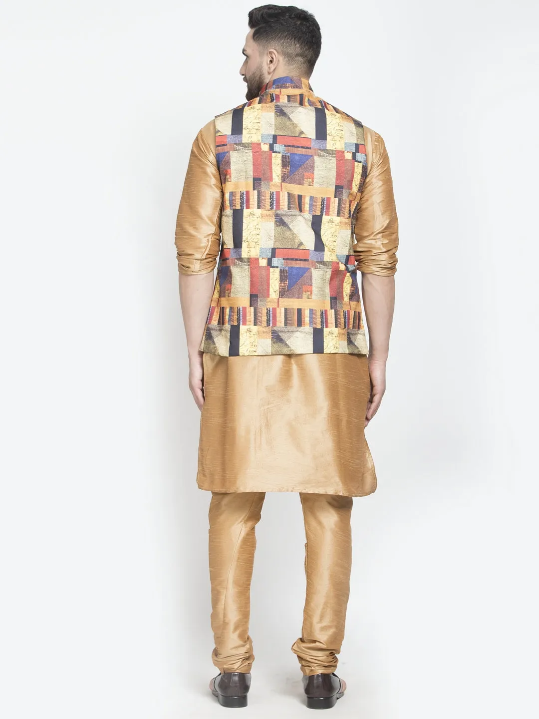 Men's Silk Blend Copper Kurta With Pyjama & Multicolor Printed Nehru Jacket - Benstoke