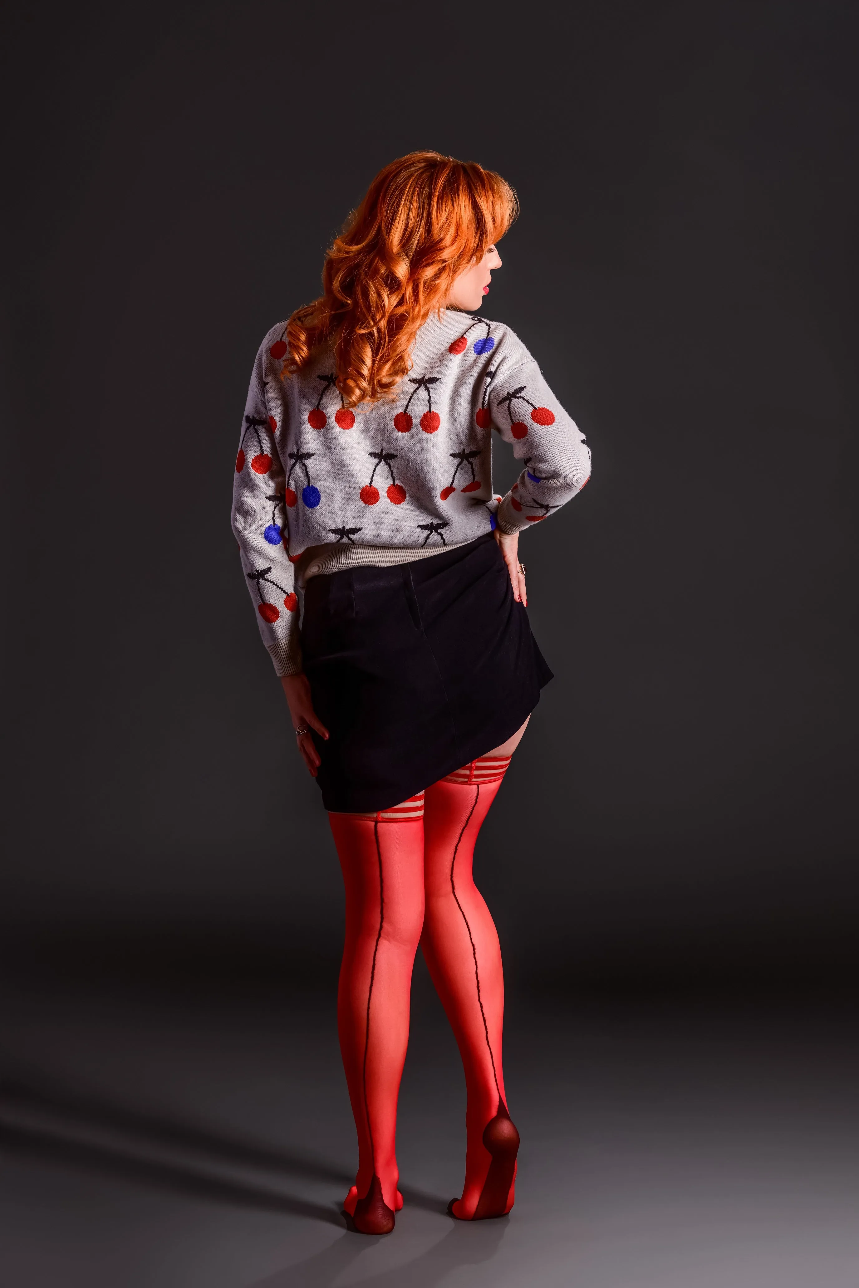 Monica: You'll be Feeling Hot Hot Hot! Red Sheer with Black Seam, Cuban Heel Thigh Highs. Petite to Plus Size