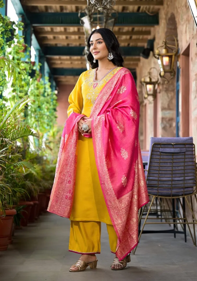 Mustard Zari Embroidered Viscose Kurta Pant And Dupatta Set With Mirror Work