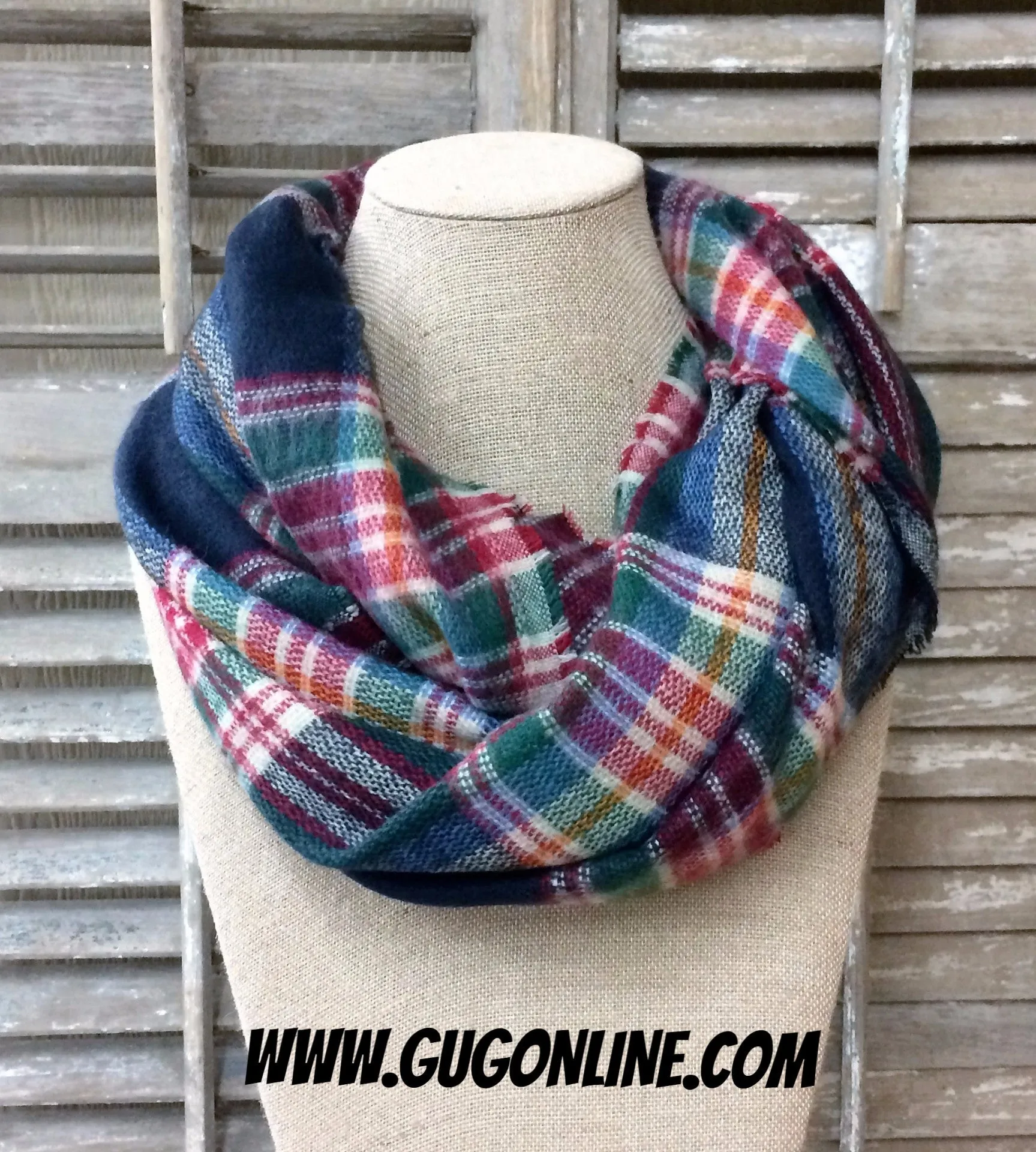 Navy, Green and Red Plaid Infinity Scarf