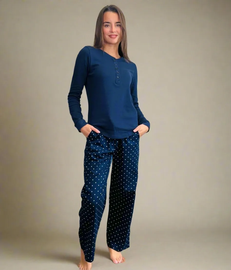 Navy Spotted Flannel Plus Size Pyjamas Set