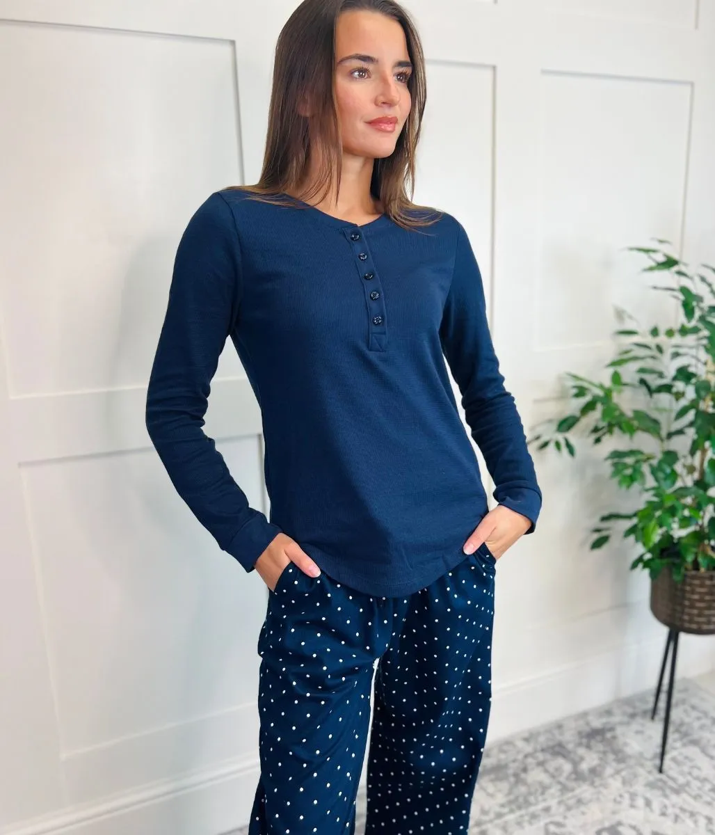 Navy Spotted Flannel Plus Size Pyjamas Set