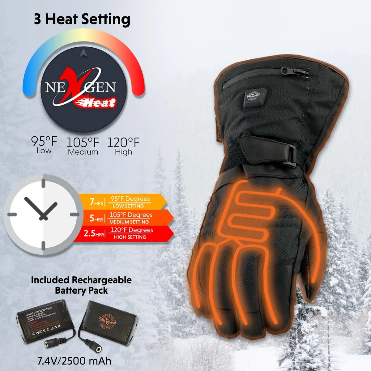 Nexgen Heat NXG17501SET Men’s Black Leather and Textile Heated Motorcycle Gloves w/Battery and Harness Wire