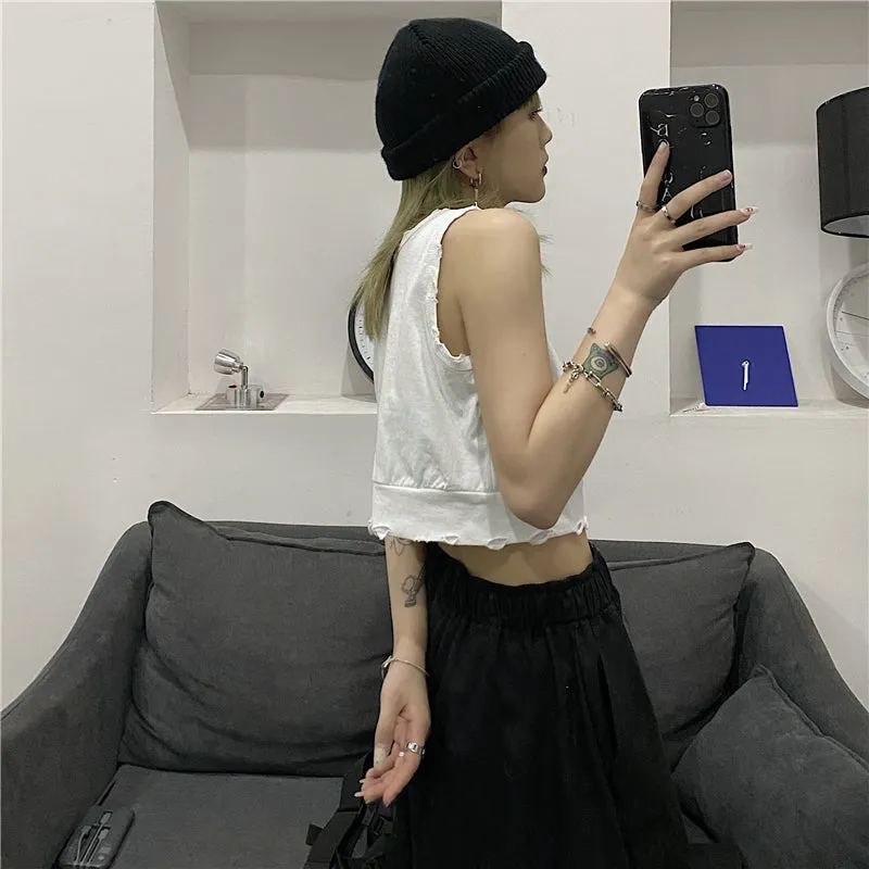 Niche design with holes distressed vest cami crop top breatheable streetwear for hot girls short jacket