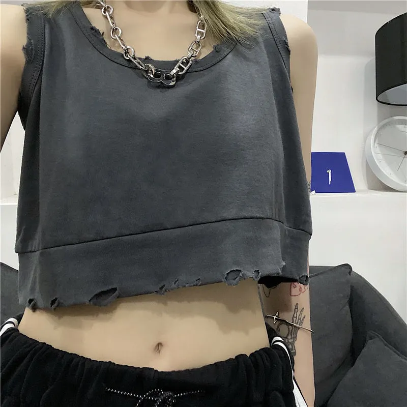 Niche design with holes distressed vest cami crop top breatheable streetwear for hot girls short jacket