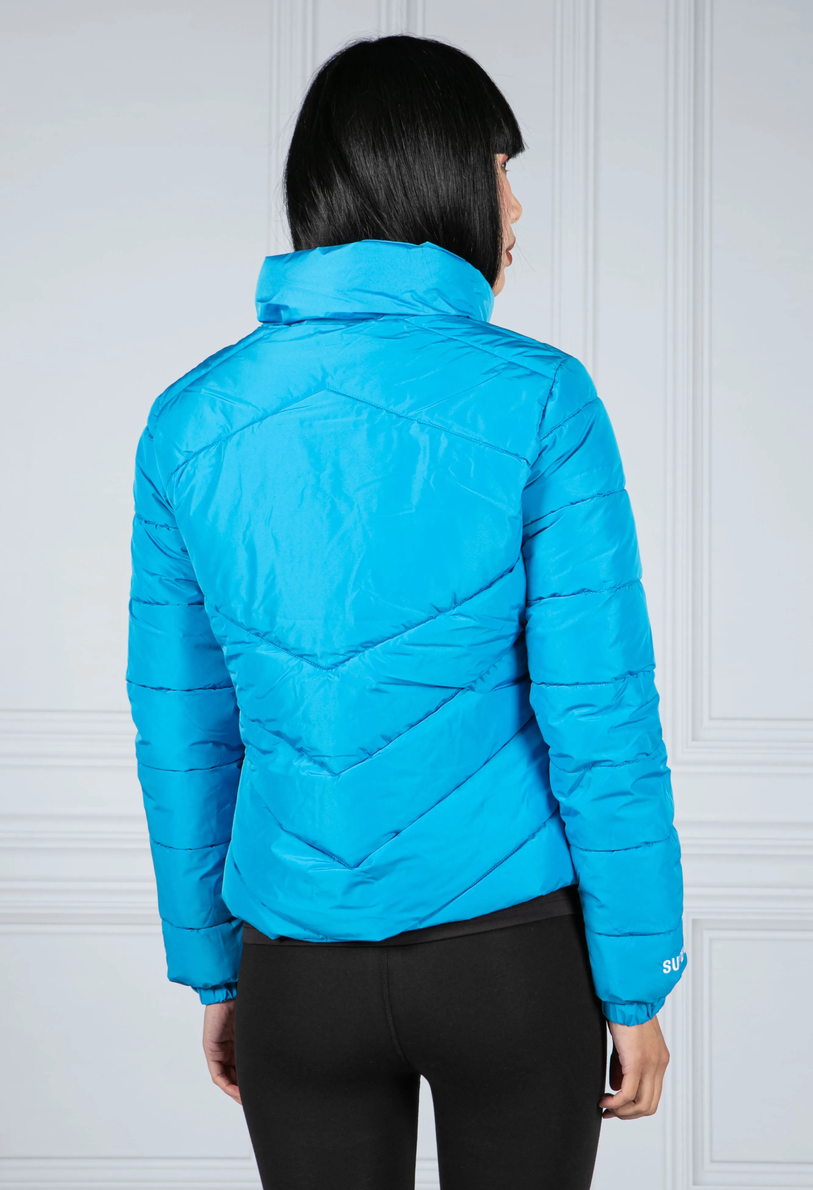 Non Hooded Sports Puffer Jacket in Aqua