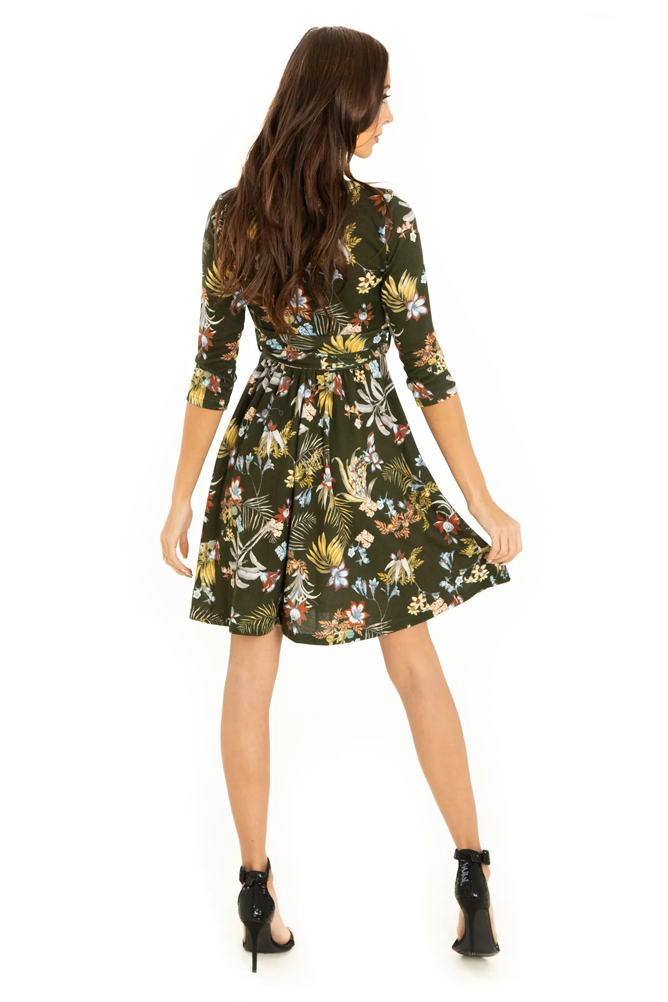 Olive Multi Floral Fall Knit Dress