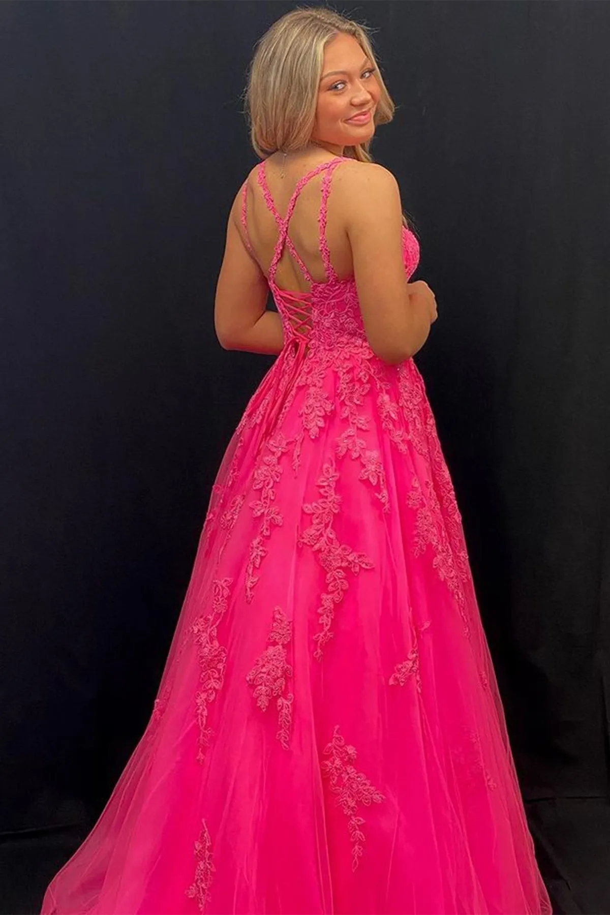 Open Back Hot Pink Lace Long Prom Dress with Appliques, Hot Pink Lace Formal Graduation Evening Dress A1452