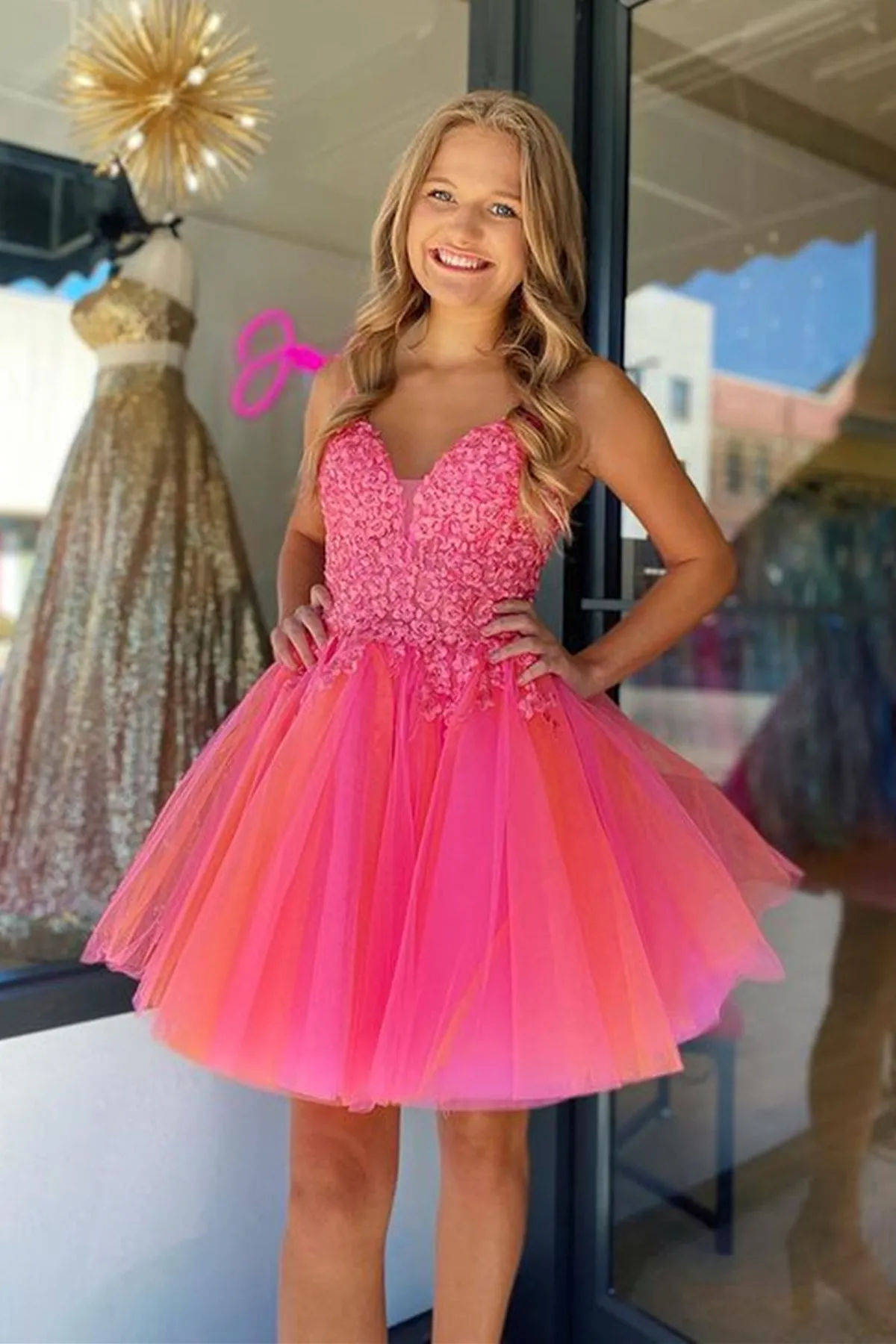 Open Back V Neck Hot Pink Lace Prom Dress, Hot Pink Lace Homecoming Dress, Short Hot Pink Formal Evening Dress A1883