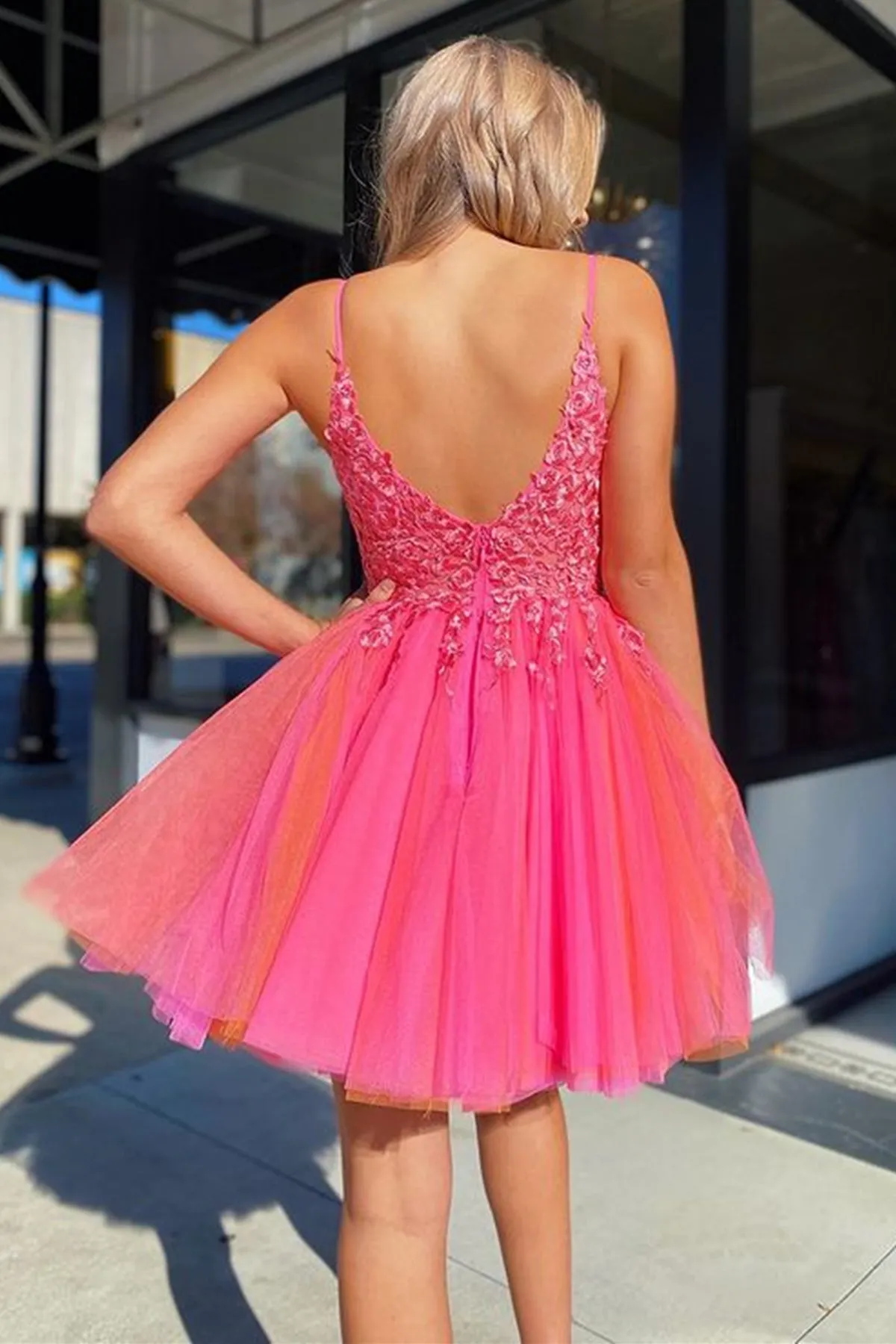 Open Back V Neck Hot Pink Lace Prom Dress, Hot Pink Lace Homecoming Dress, Short Hot Pink Formal Evening Dress A1883