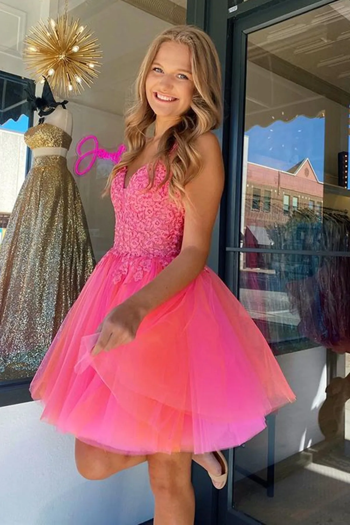 Open Back V Neck Hot Pink Lace Prom Dress, Hot Pink Lace Homecoming Dress, Short Hot Pink Formal Evening Dress A1883