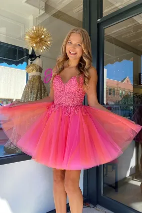 Open Back V Neck Hot Pink Lace Prom Dress, Hot Pink Lace Homecoming Dress, Short Hot Pink Formal Evening Dress A1883