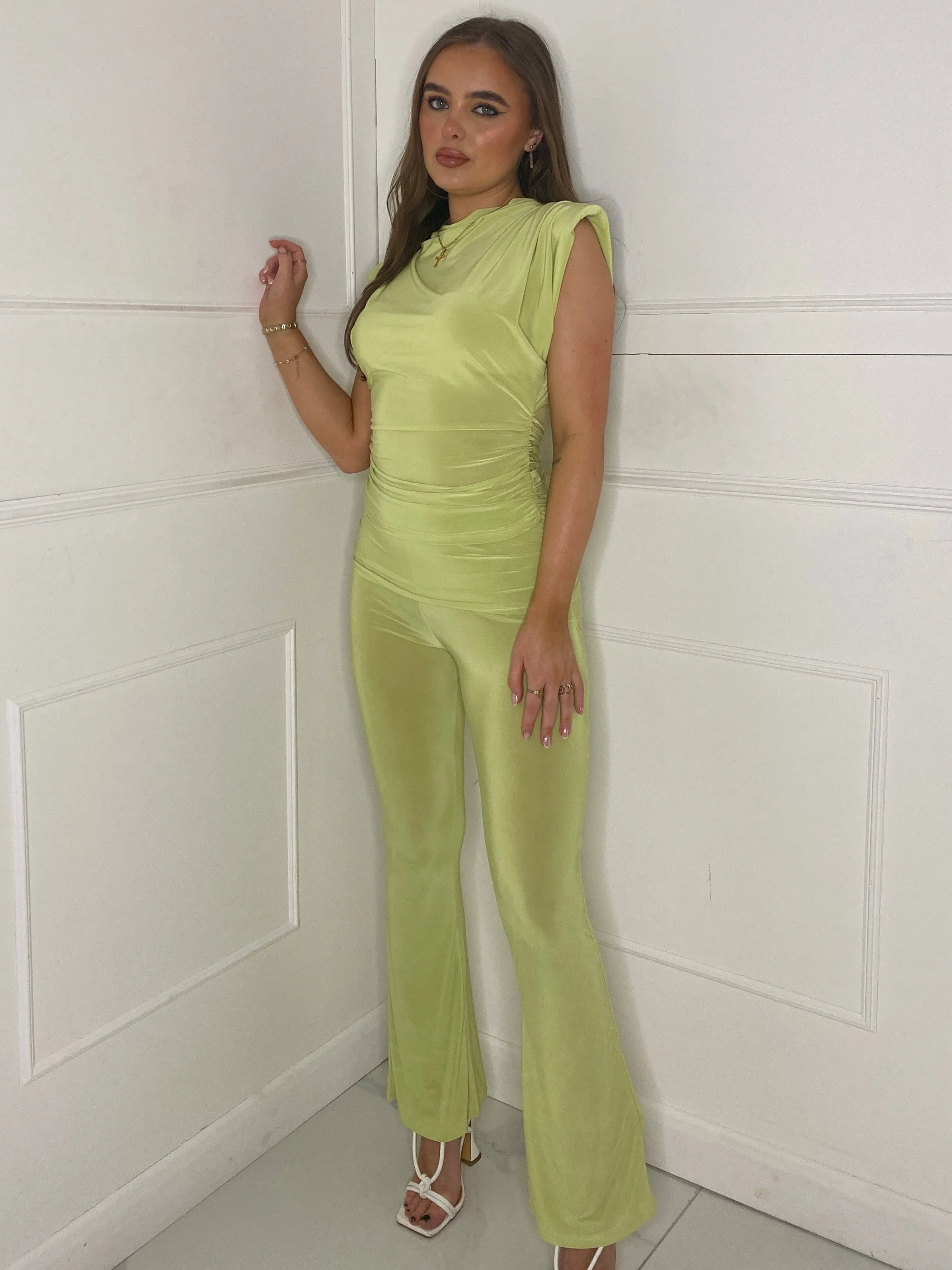 Padded Shoulder Cowl Neck Top & Fold Over Flares set - Lime Green