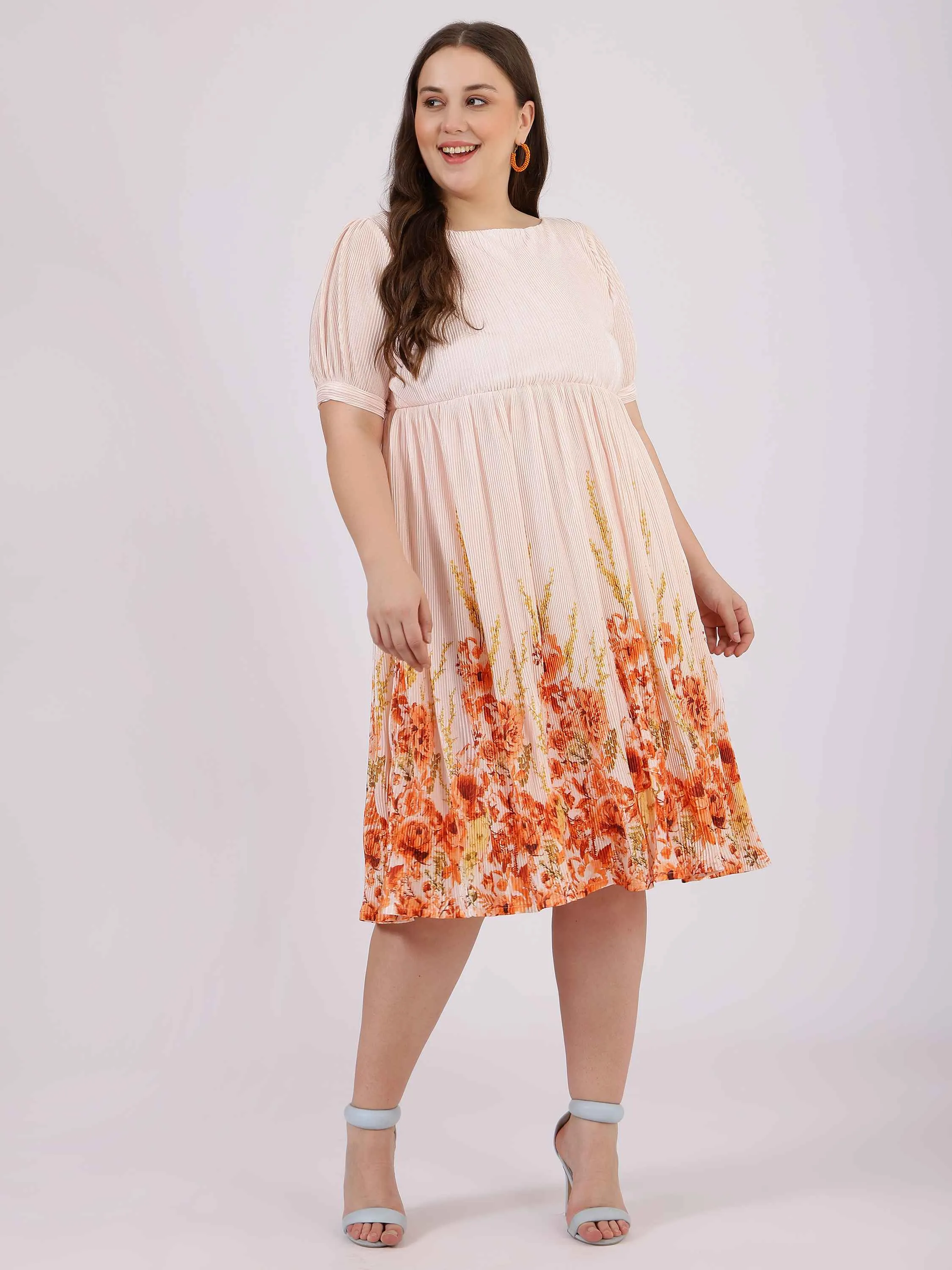 Peach Floral Print Fit and Flare Dress