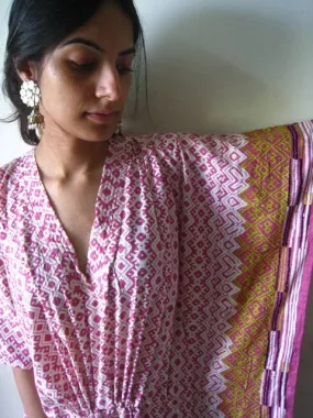 Pink Checkered V-Neck, Ankle Length, Cinched Waist Caftan