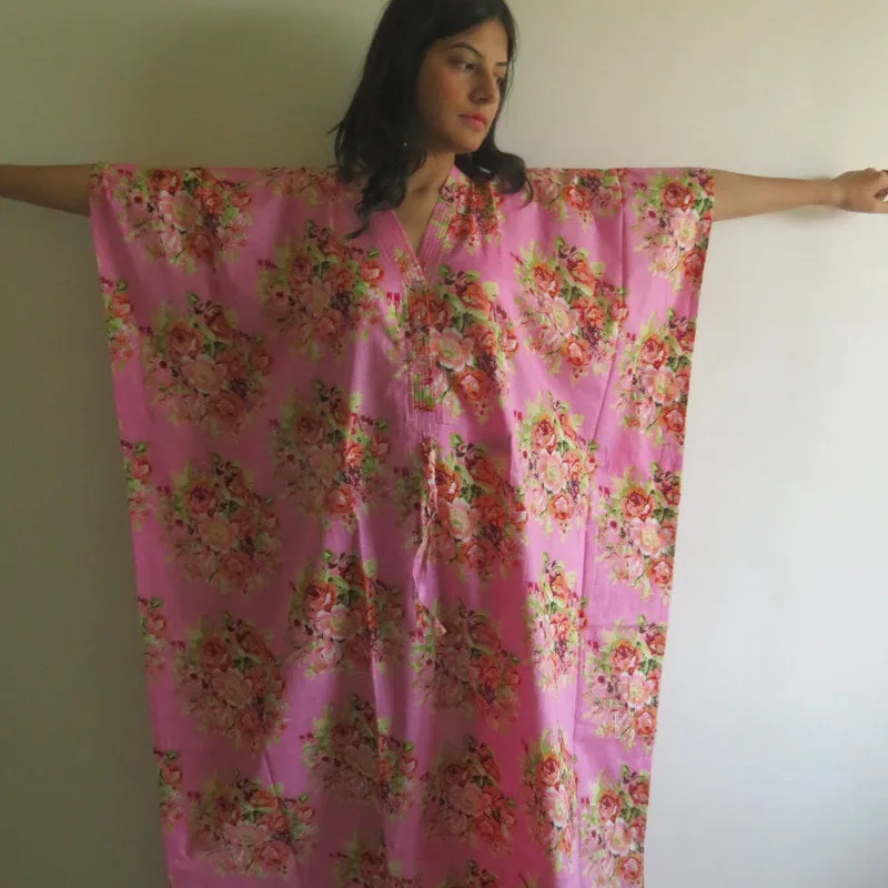 Pink Floral Posy V-Neck Button Down to Waist, Ankle Length, Cinched Waist Caftan