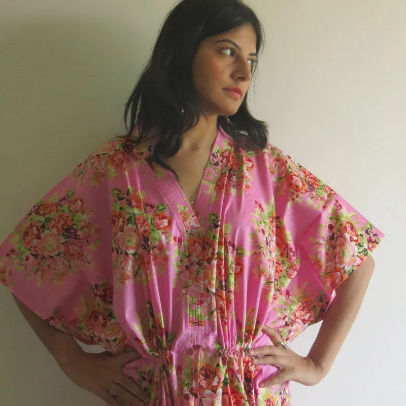 Pink Floral Posy V-Neck Button Down to Waist, Ankle Length, Cinched Waist Caftan