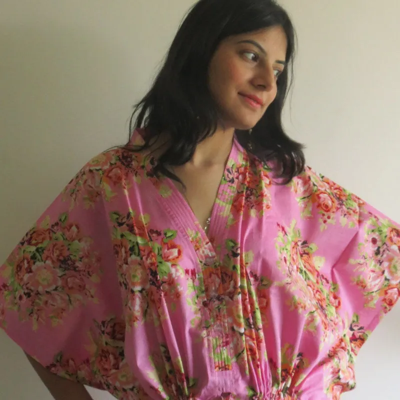 Pink Floral Posy V-Neck Button Down to Waist, Ankle Length, Cinched Waist Caftan