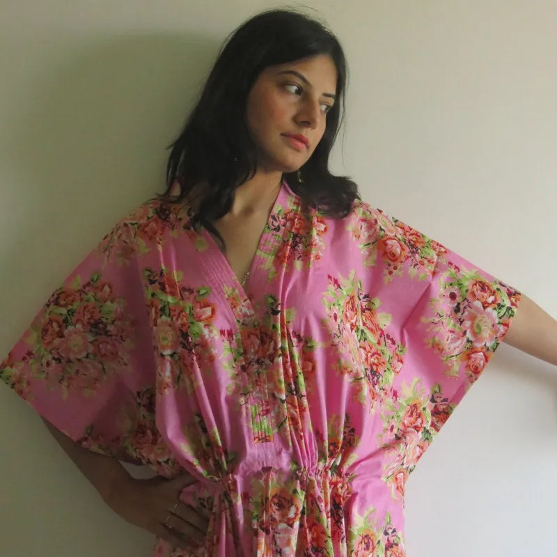 Pink Floral Posy V-Neck Button Down to Waist, Ankle Length, Cinched Waist Caftan