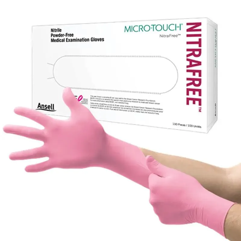 Pink Nitrile Gloves Ansell Micro Touch, Powder Free 100/Box