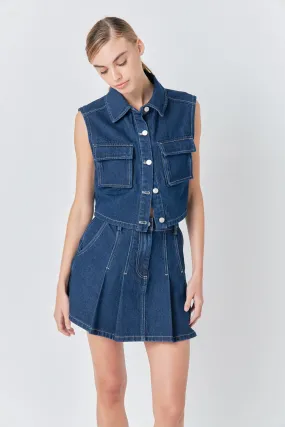 Pleated Denim Mini Skirt