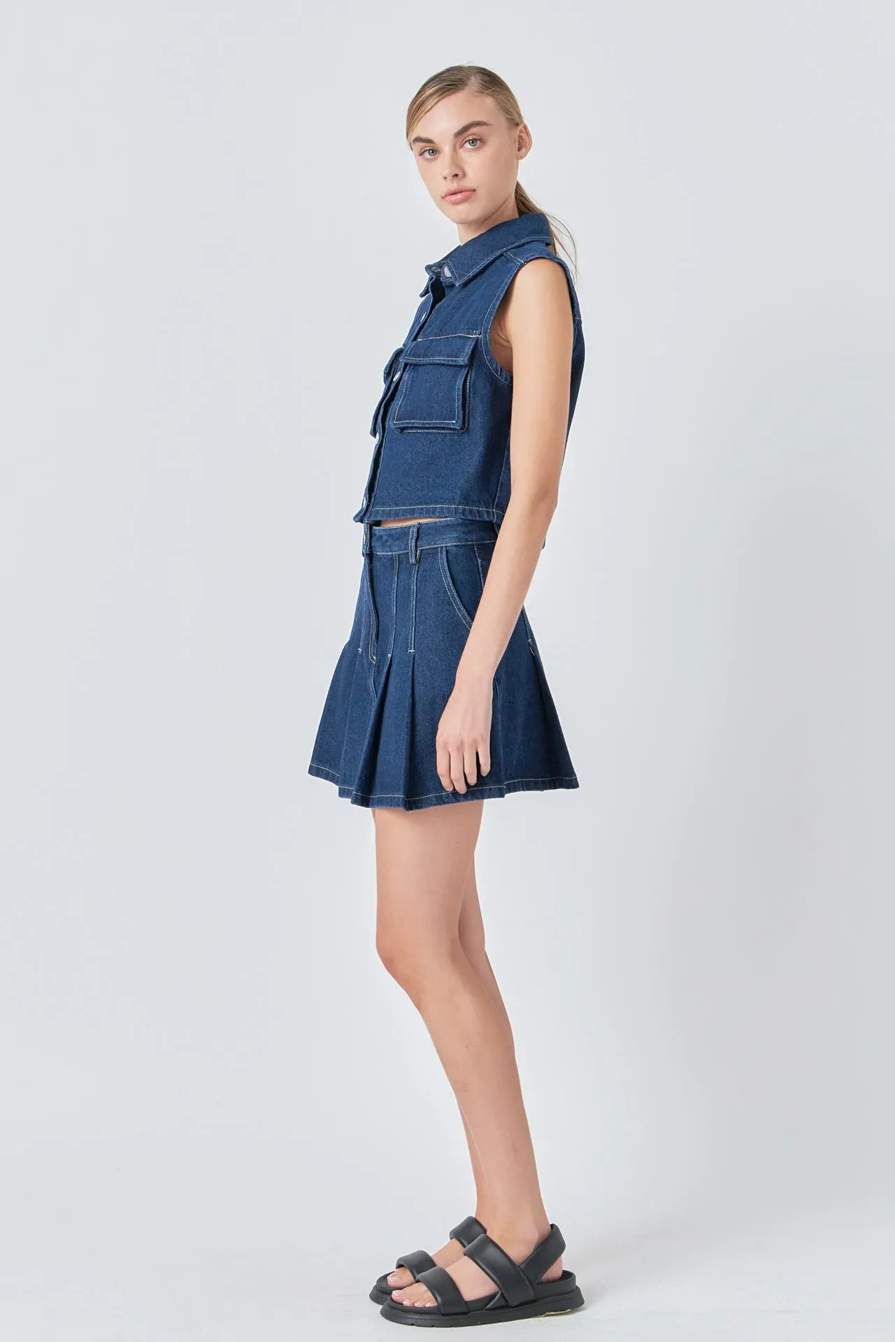 Pleated Denim Mini Skirt