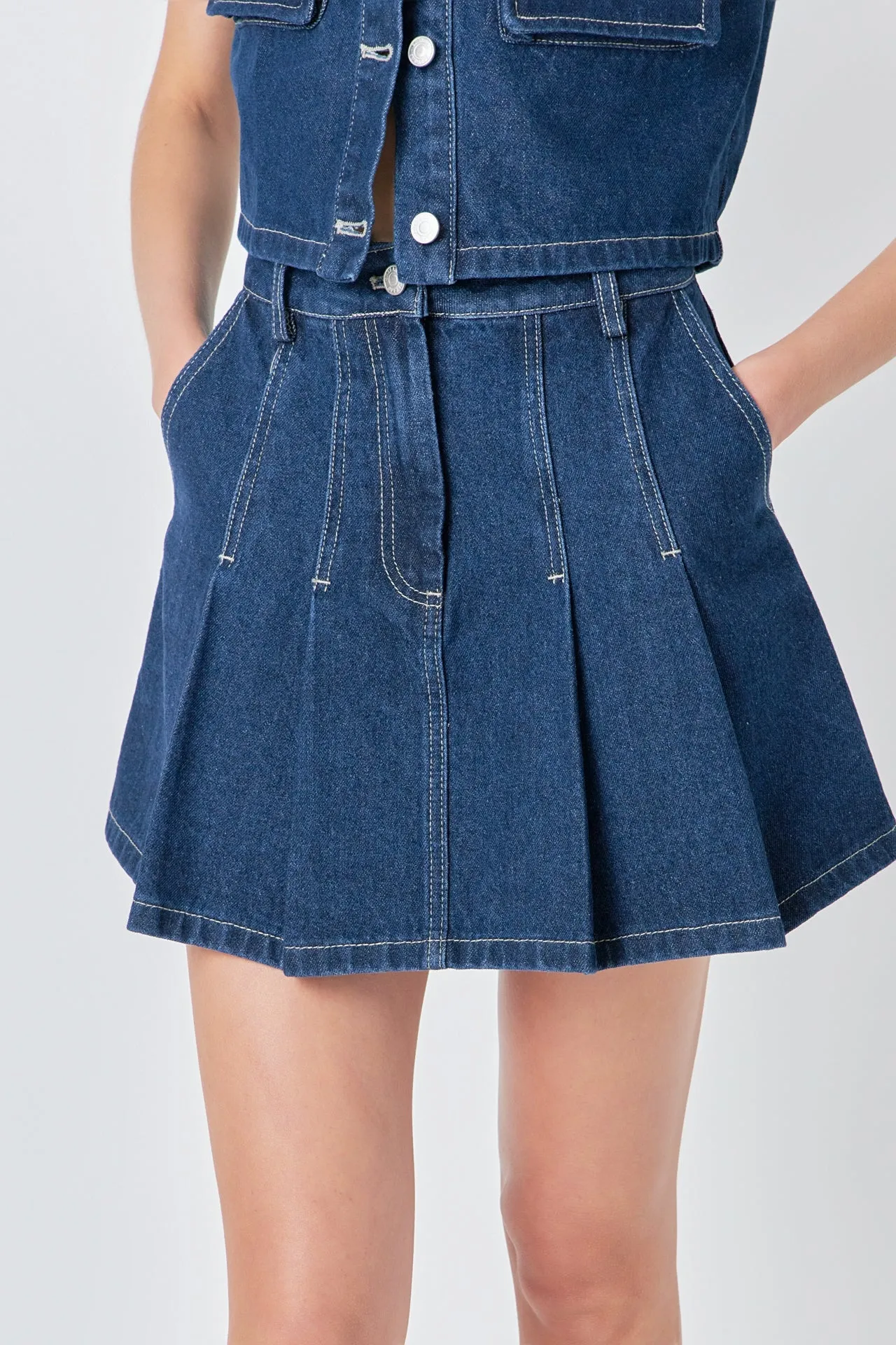 Pleated Denim Mini Skirt