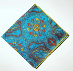 POCKET SQUARE - ENGLISH SILK - BLUE WITH ORANGE AND BROWN OTTOMAN MOTIF PRINT