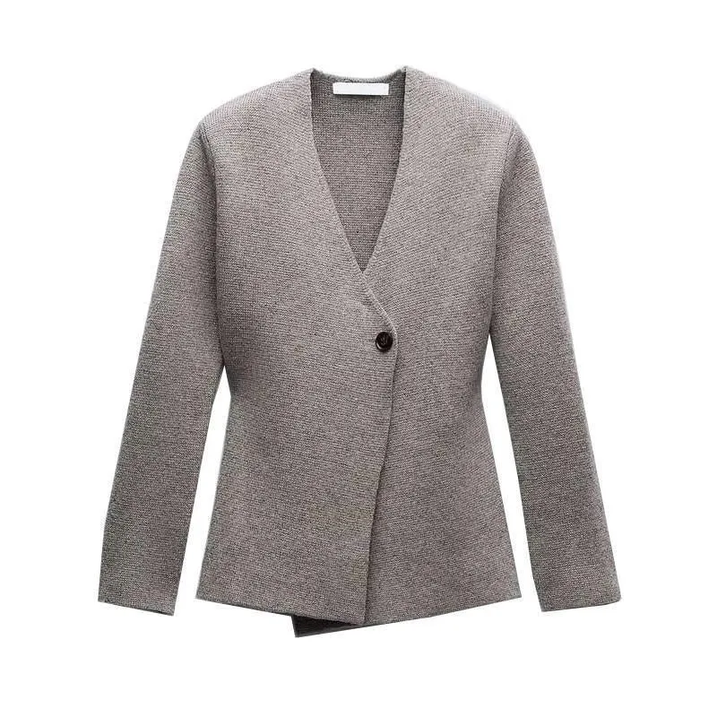 Pre Order:  One Button V-neck Wool Knit Sweater Jacket