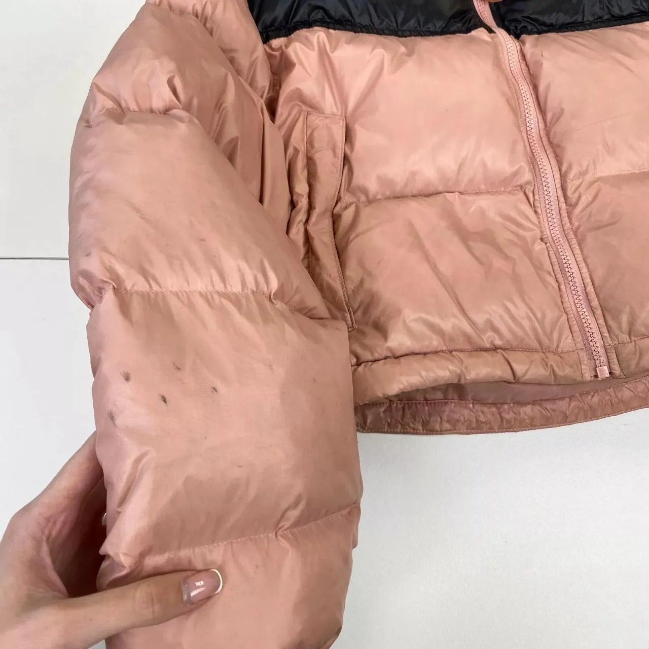 Preowned The North Face Womens 700 Down Nuptse Crop Puffer Jacket Size M Pink Black Cute.