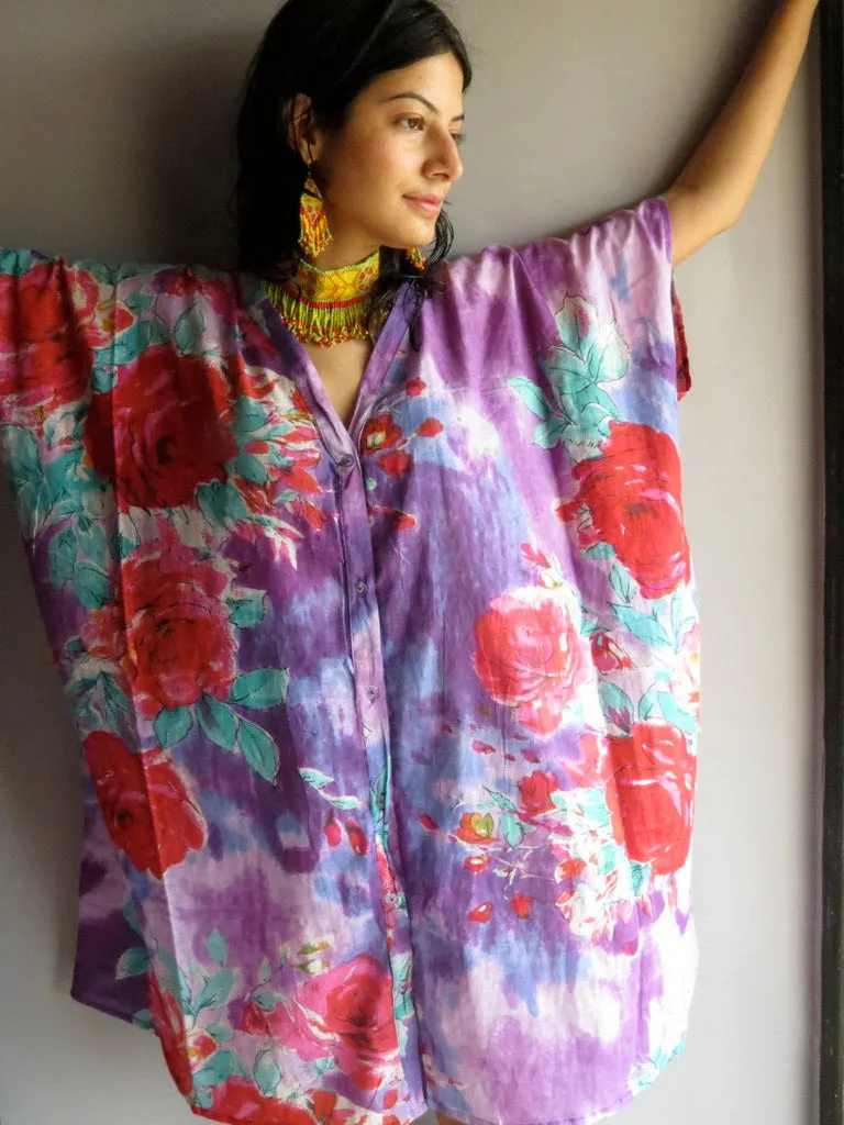 Purple Multicolor Big Flower V-Neck Button Down to Waist, Knee Length, Cinched Waist Caftan