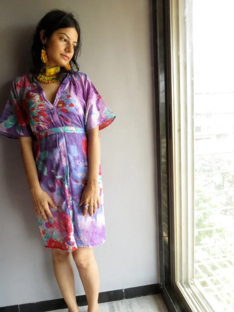 Purple Multicolor Big Flower V-Neck Button Down to Waist, Knee Length, Cinched Waist Caftan