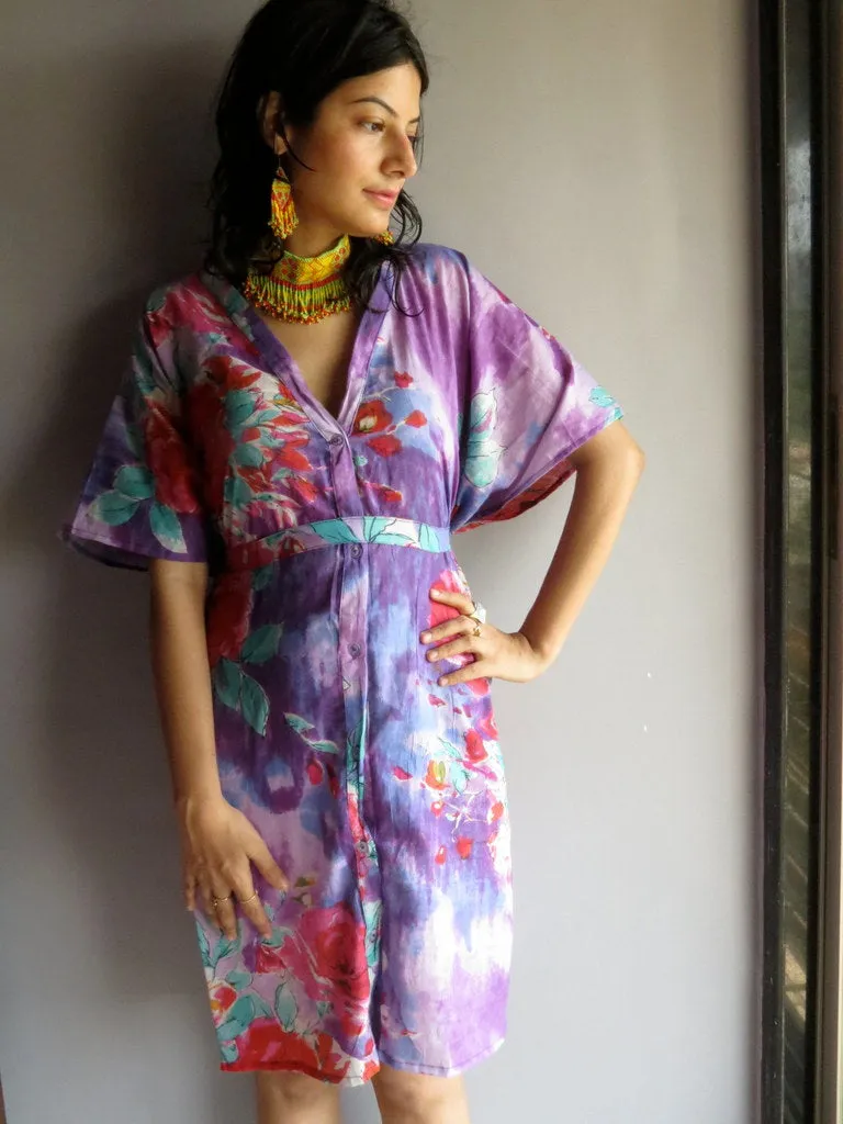 Purple Multicolor Big Flower V-Neck Button Down to Waist, Knee Length, Cinched Waist Caftan