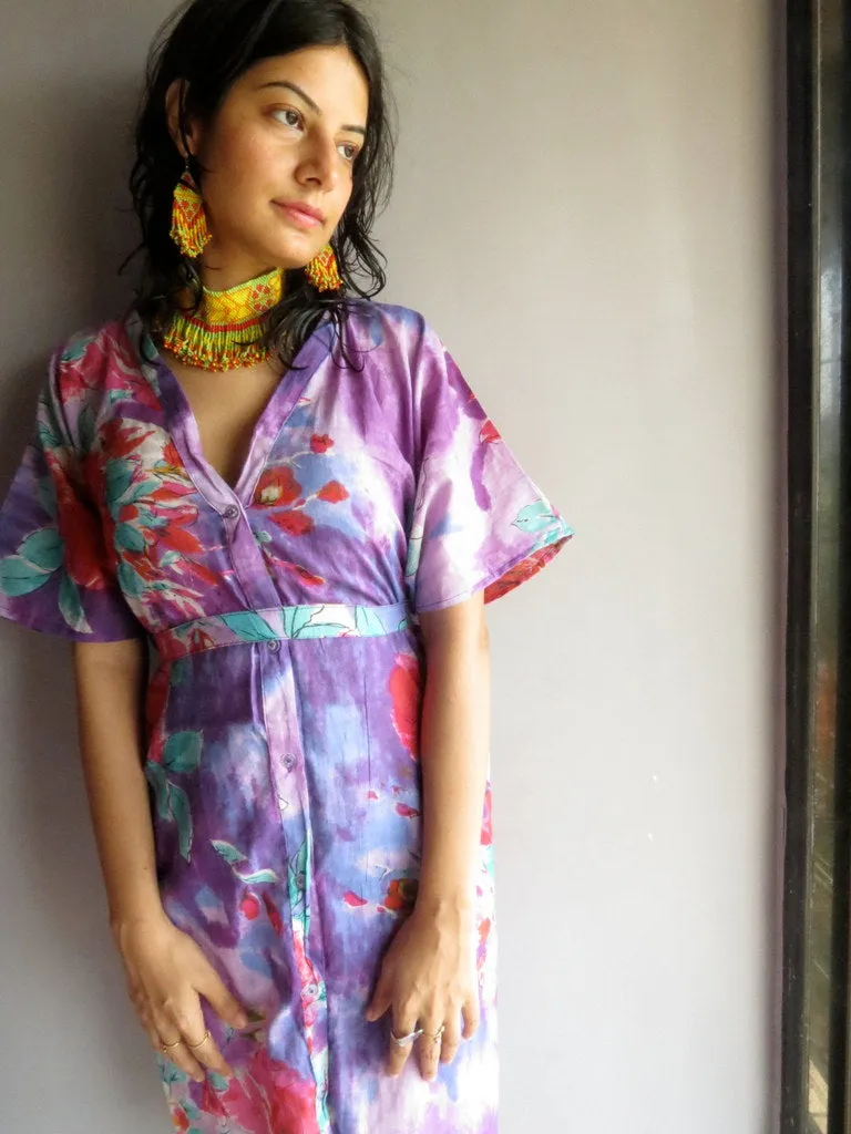 Purple Multicolor Big Flower V-Neck Button Down to Waist, Knee Length, Cinched Waist Caftan