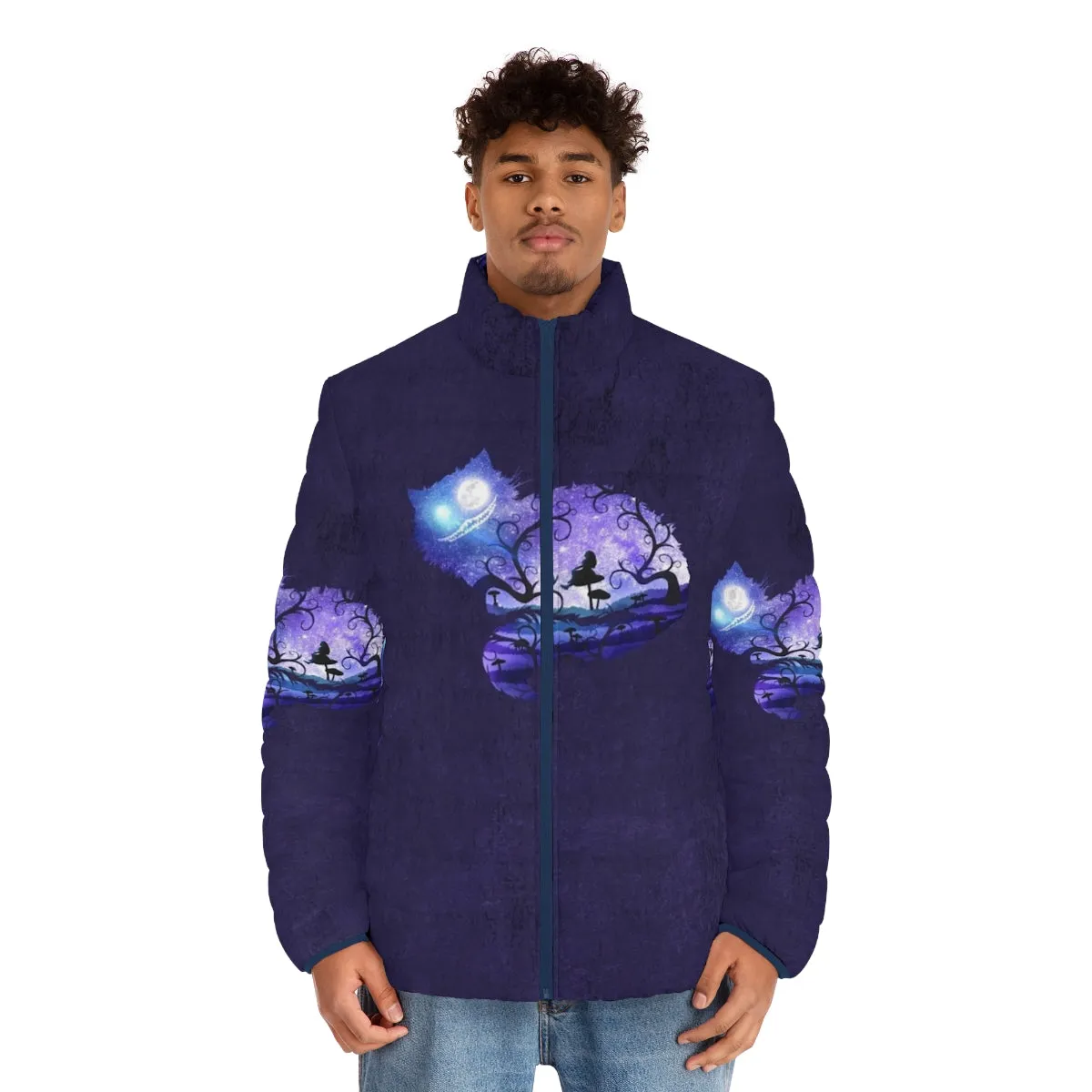 "Enchanting 'We Are All Mad Here' Puffer Jacket for Dreamers and Adventurers