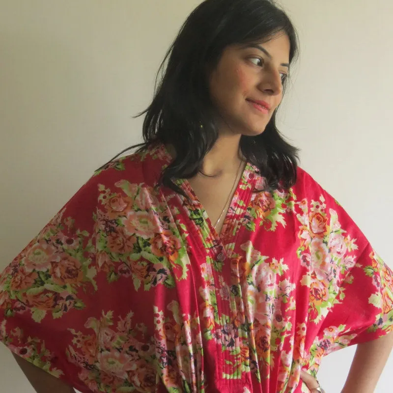 Red Floral Posy V-Neck Button Down to Waist, Ankle Length, Cinched Waist Caftan