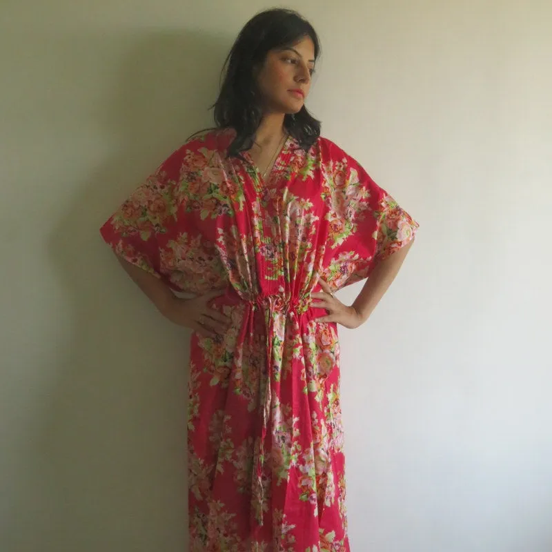 Red Floral Posy V-Neck Button Down to Waist, Ankle Length, Cinched Waist Caftan