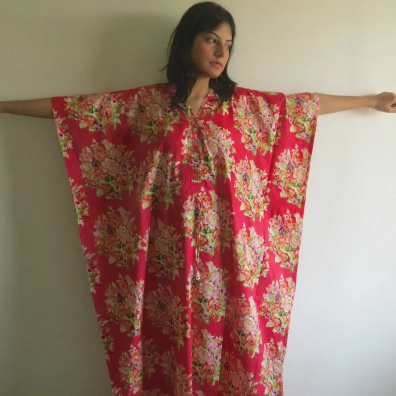 Red Floral Posy V-Neck Button Down to Waist, Ankle Length, Cinched Waist Caftan