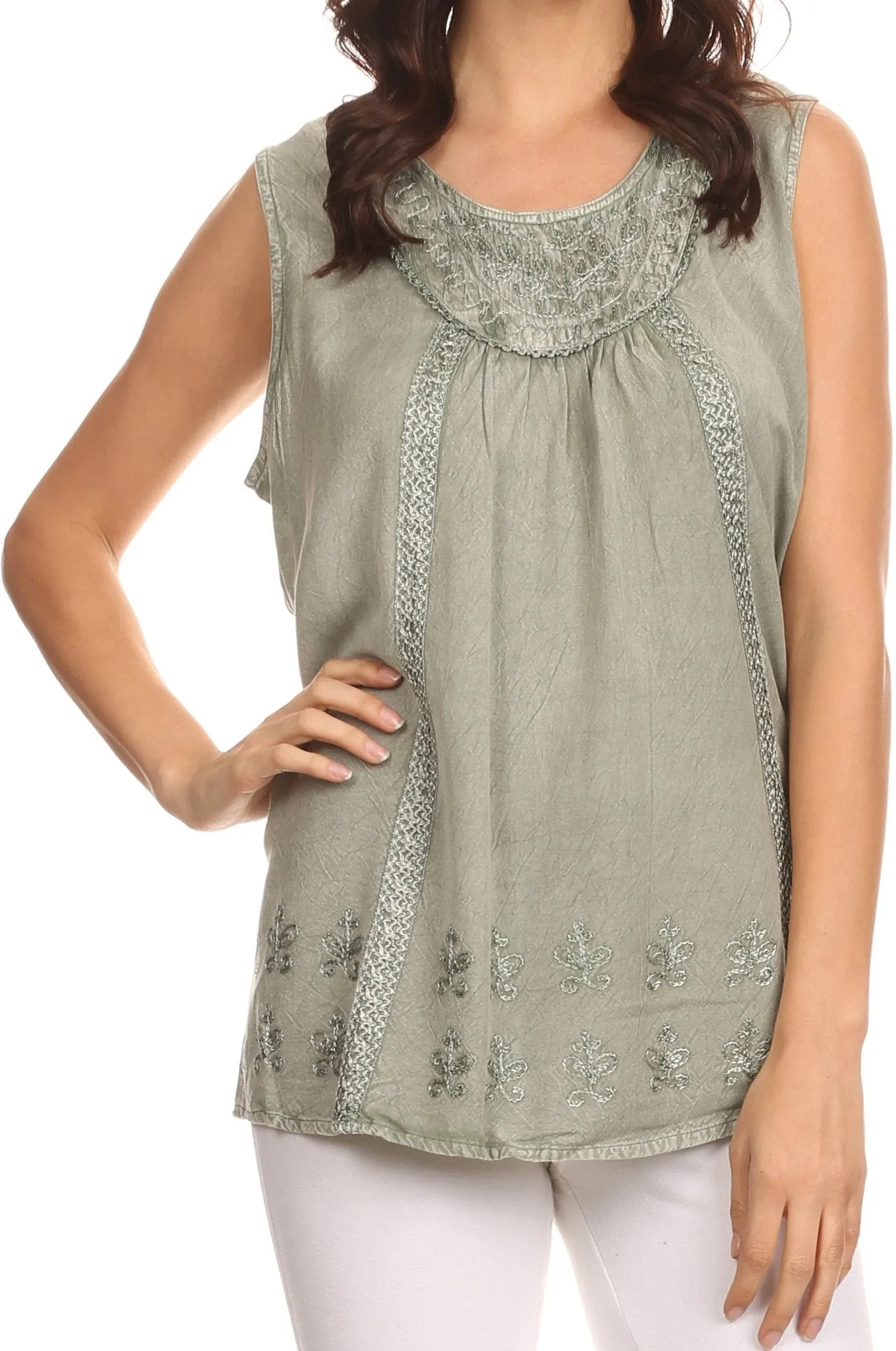 Sakkas Jil Wide Tank Top Sleeveless Embroidered Blouse With Embroidery Lace