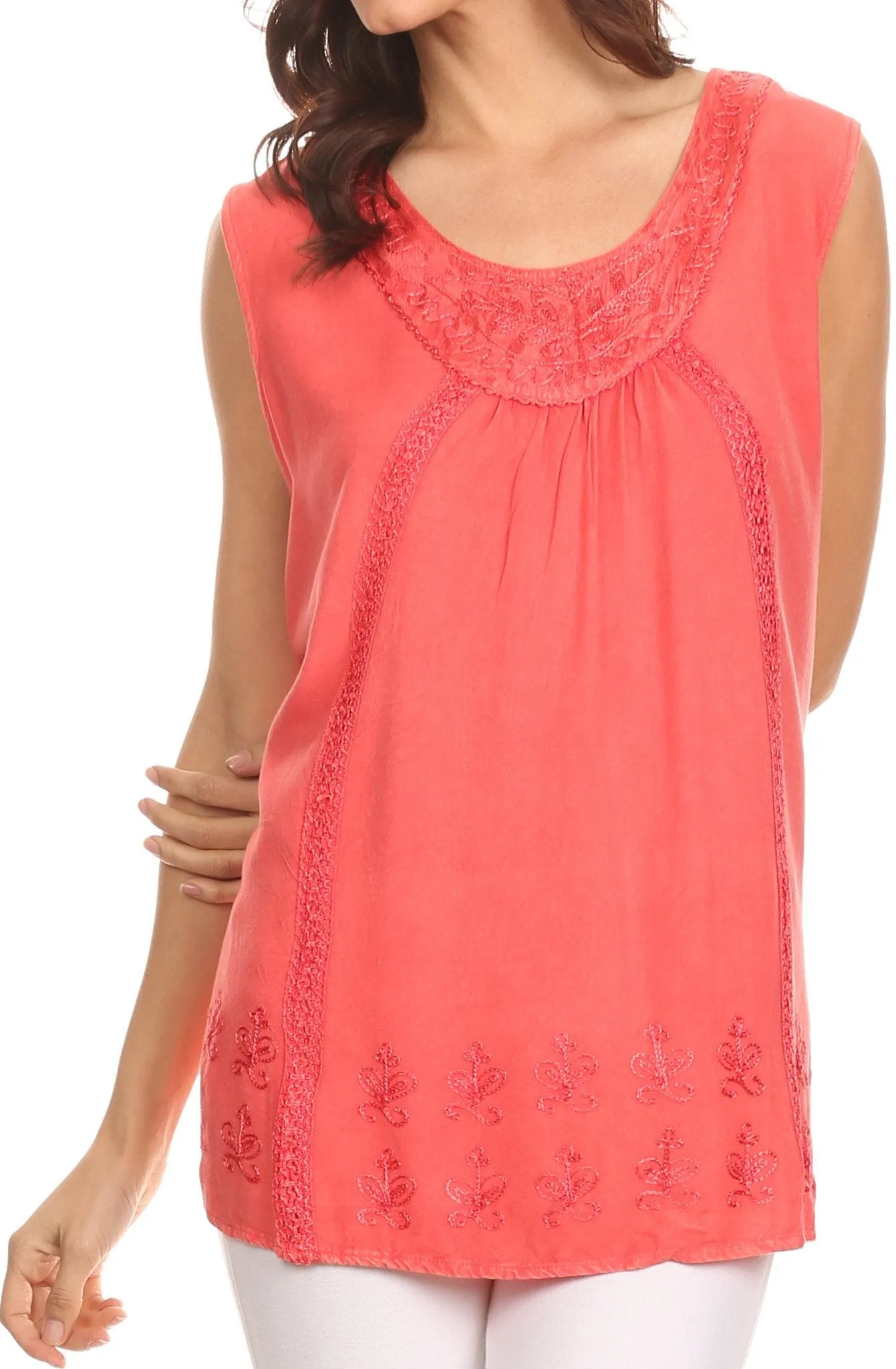 Sakkas Jil Wide Tank Top Sleeveless Embroidered Blouse With Embroidery Lace