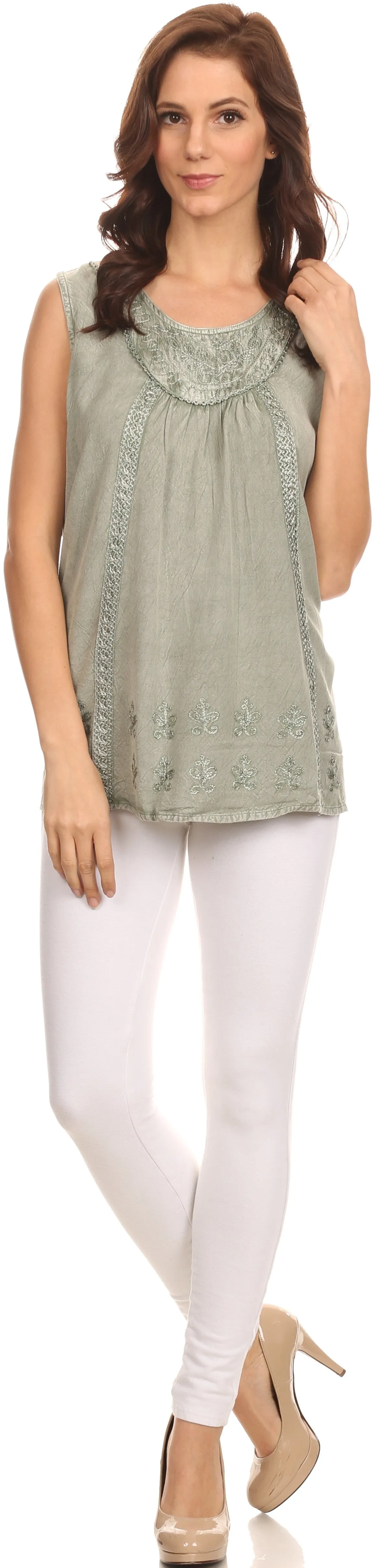 Sakkas Jil Wide Tank Top Sleeveless Embroidered Blouse With Embroidery Lace