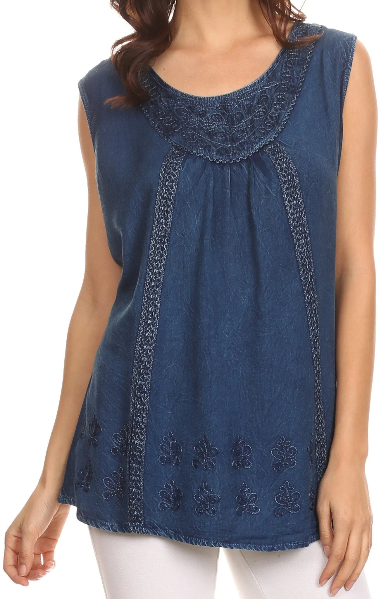 Sakkas Jil Wide Tank Top Sleeveless Embroidered Blouse With Embroidery Lace